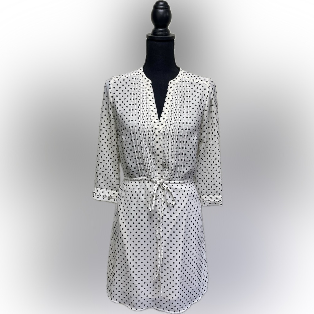 White and Black Long Sleeve Dress with Polka Dots